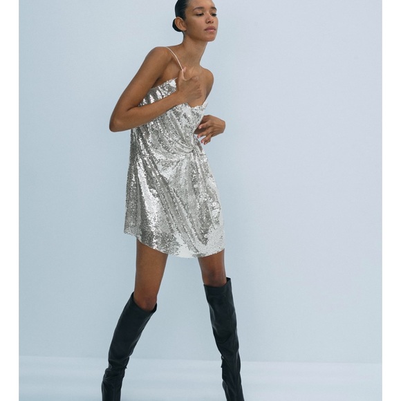 NWT ZARA Sequin Knotted Dress Silver S Blogger’s Favorite - Picture 3 of 5